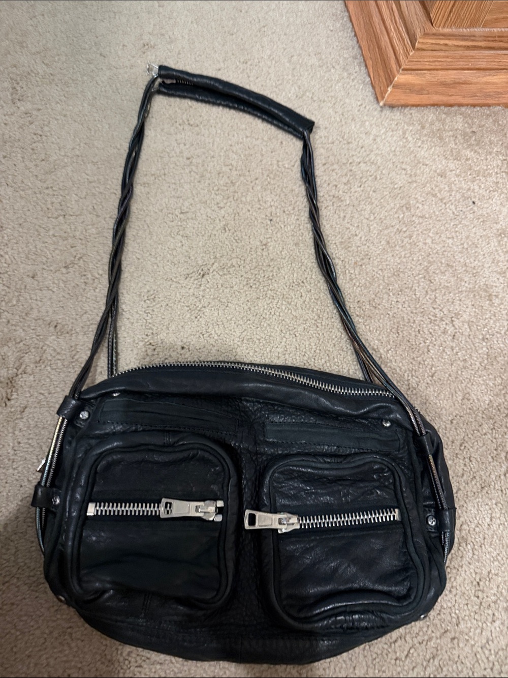 Alexander Wang Distressed Black Leather Crossbody Bag with Front Zip Pockets